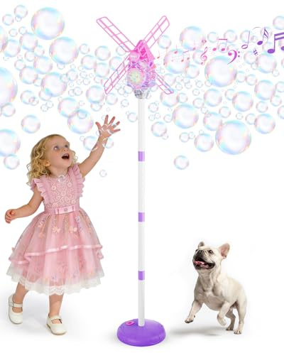 Belemar Macchina per bolle di sapone per bambini, mulino a vento in piedi con luce e musica, altezza regolabile da 1,3 m, serbatoio da 130 ml, giocattolo automatico per feste, attività all'aperto e