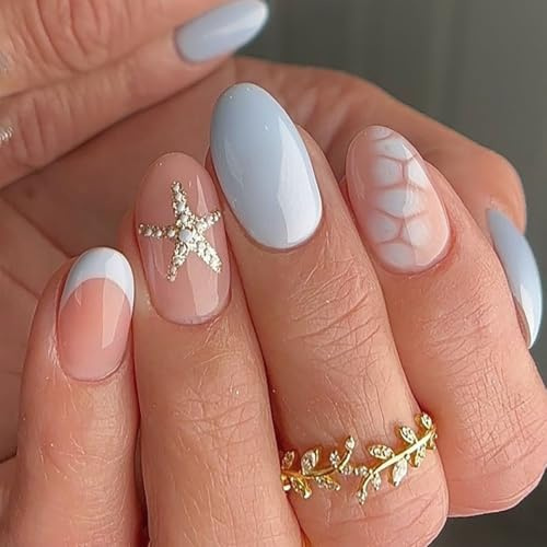 LunarCharm 24 Stück Blau Press on Nails, kurze mandelförmige Kunstnägel mit Seestern-Design, glänzende Acryl Aufdrücknägel, vollständige Abdeckung Klebenägel für Frauen DIY Maniküre-Set