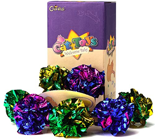 CHIWAVA 24PCS 1.6 Mylar Balls Shiny Crinkle Cat Toys Ball Kitten Crackle Lightweight Play Assorted Color