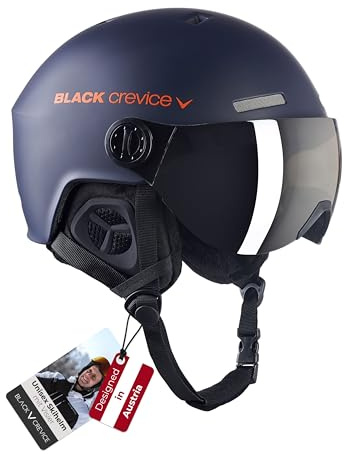 BLACK CREVICE Casco de esquí Gstaad I Casco de esquí con Visera I para Hombres y Mujeres I Casco de ski de policarbonato I Casco Transpirable I Talla Ajustable (Navy/Naranja, 51-53 cm)