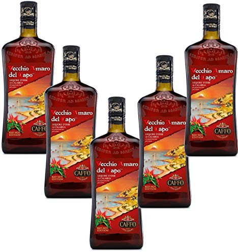 Sicilia Bedda - Vecchio Amaro del Capo RED HOT EDITION al peperoncino piccante calabrese - 5 Bottiglie da 700 Ml - Idea Regalo