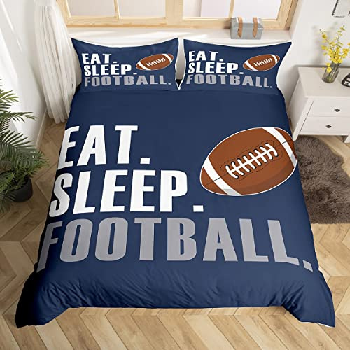 Feelyou Rugby Comforter Cover Set American Football Sports Bedding Set for Boys Girls Women Men Blue Eat Sleep Football Bedding Duvet Cover Set Ball Games Room Decor Queen Size Bedspread Cover 3Pcs