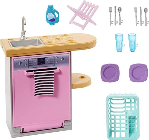 Barbie Mobilier HJV34 - Cofanetto interno per bambole con lavastoviglie, stoviglie e accessori