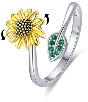 Sonnenblumen Ring 925 Sterling Silber Fidget Ringe Sonnenblume Spinner Ring Offener Verstellbarer Ring Geschenk Schmuck für Damen