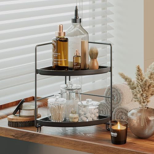 NLBTW 2 Etagen Eck-Badezimmer-Arbeitsplatten-Organizer, stapelbares Aufbewahrungsregal für Schminktisch, Make-up, Parfümregal, Gewürzregal oder Schlafzimmer, kleine Gegenstände (schwarz & schwarz)