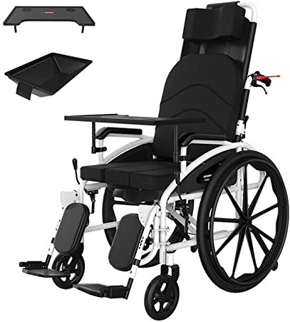 Leicht Faltbar Rollstuhl, Reiserollstuhl Aktivrollstuhl für ältere und Behinderte, Faltbarer Rollstühle mit Selbstantrieb, Transportrollstühle mit Tabletttisch und Bettpfanne, Schwarz