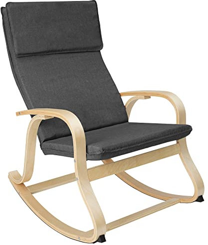 TecTake® Poltrona a Dondolo in Legno di Betulla per Arredamento Casa e Veranda, Sedia a Dondolo con Braccioli e Cuscino, Poltrona Dondolo Design Scandinavo, Capacità Fino a 150 kg -Grigio Scuro