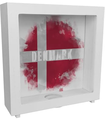 Rahmen Spardose aus Holz mit Dänemark-Flagge im Used Look - Sparschwein für Urlauber eine schöne Sparbüchse mit der dänischen Nationalflagge verziert um auf die Reise nach