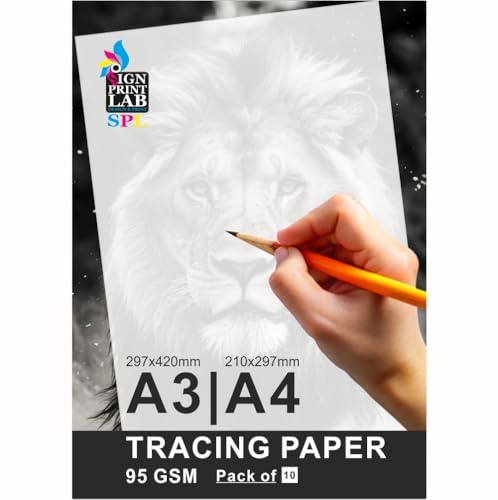 10 Sheets Tracing Paper, A3 / A4 Translucent Tracing Paper 95gsm Clear Drafting Paper for Design, Sketching, Drawing, Calligraphy, Graphic, Scrapbooking & Dressmaking (A4, 210 x 297mm)
