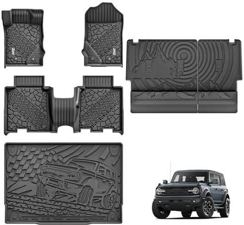 3W Ford Bronco Floor Mats & Cargo Liner & Back Seat Cover Custom Fit for 2021-2025 2026 Bronco 4 Door All Weather Custom Fit Ford Bronco Accessories (Not for Sport & Rubberized Floor)