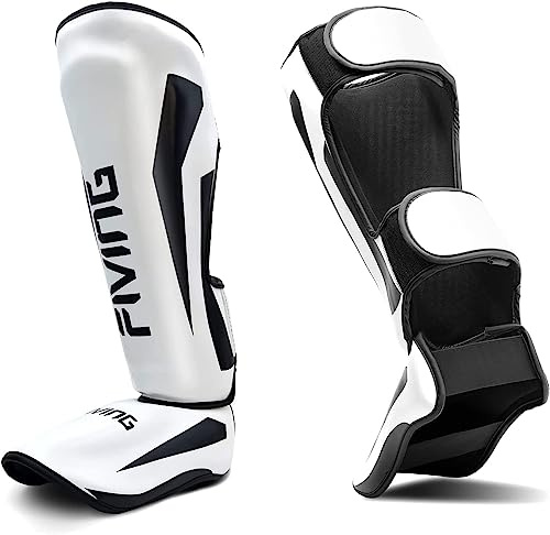 FIVING - Espinilleras de artes marciales mixtas, acolchadas, ajustables, con protección de empeine para entrenamiento de kickboxing y sparring, equipo profesional de artes marciales mixtas (blanco, M)