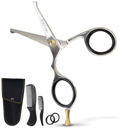 Ontaki Beard and Mustache Scissors For Men - 4.2-inch, Silver, 420C Japanese Steel, Multipurpose Round Edges - Mens Grooming Scissors for Styled Look - Beard Trimming Kit for All Hair Types