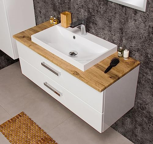 Quentis Badmöbelset Susan Breite 100 cm, Waschbecken mit Waschbeckenunterschrank montiert, weiß glänzend/Eiche Natur