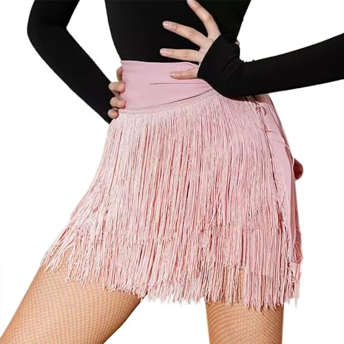 ELLYDOOR Fringe Dance Skirts for Women Teens Ballroom Latin Pencil Wrap Skirt Festive Rave Mini Skirt Pink