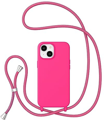 ZTOFERA Handykette Hülle Kompatibel mit iPhone 14, Liquid Silikon Handyhülle mit Umhängeband, Schutzhülle mit Band Kordel zum Umhängen Necklace Hülle für iPhone 14/13, Heißes Rosa