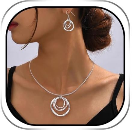 PUSOMU 925 Plated Silver Earrings and Necklace Set 3 Circles Silver Hoop Drop Earrings for Women Hypoallergenic Geometric Round Jewelry Set