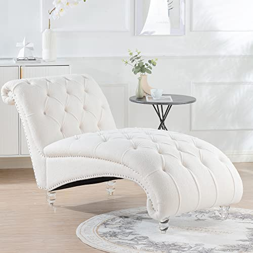 Chaise Lounge Indoor, Lounge Chair with Nailhead Trim for Bedroom, Fabric Tufted Chase Sofa Indoor, Comfortable Home Chaise Longue for Living Room Furniture Lounges(White)