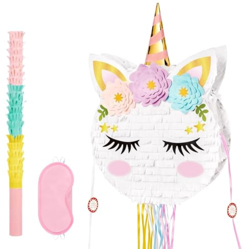 WERNNSAI Einhorn Pinata – Einhorn Geburtstag Pinata Mädchen Kinder Faltbare Regenbogen Pferd Piñata mit Stock Augenmaske Kordelzug Rosa Blume Geburtstagsparty Dekorationen Party Piñata Karnevalsspiel | Faltbare Regenbogen Pferd Piñata mit Stock Augenmaske Kordelzug Blume Geburtstagsparty Dekorationen Party Karnevals-Aktivität