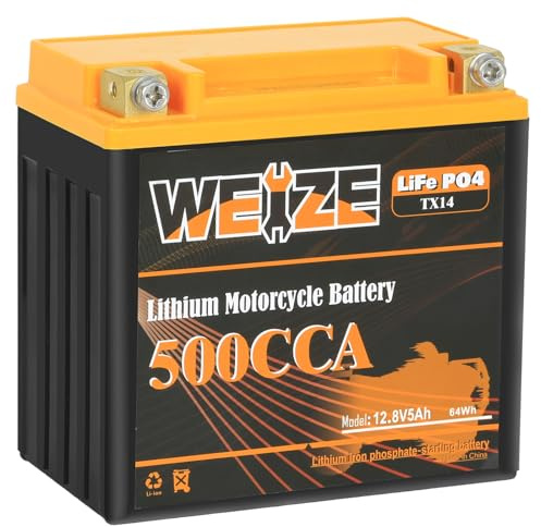 Weize Lithium YTX14-BS, Group 14, 500A LiFePO4 Motorcycle Battery, 12V 5AH ATV, UTV, Jet Ski, 4 Wheeler, Snowmobile, Personal Watercraft, Seadoo, Polaris, Generator and Riding Lawn Mower Battery