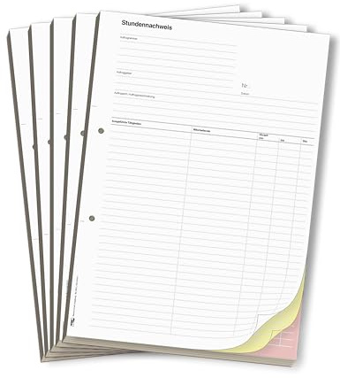 ORGASET Stundennachweis | DIN A4 | 3-fach selbstdurchschreibend | 3x50 Blatt Durchschreibeblock | weiß/gelb/rosa | 5 Stk.