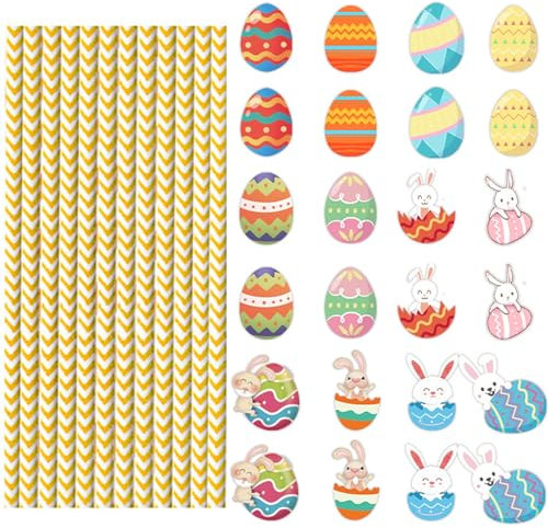 Wizoowip Holiday-themed Straws Decorative Drinking 24pcs Easter Party Paper Colorful Eco-friendly Beverage with Cute Cartoon Design Disposable for Festive 24PCS