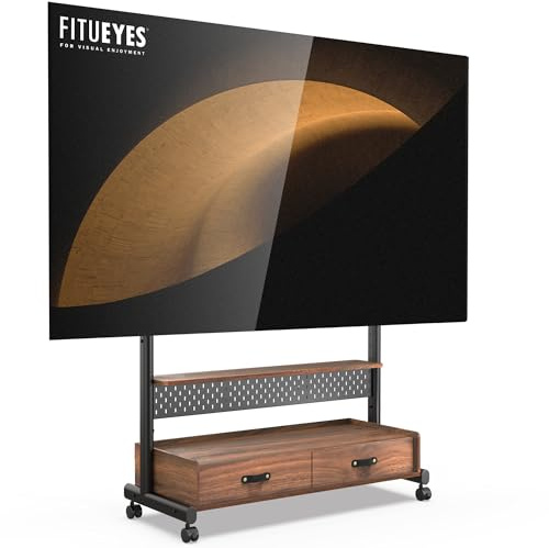 FITUEYES TV Ständer Rollbar mit Zwei Schubladen, für 70–100 Zoll, bis 80 KG | Fernsehständer mit Rollen, Max VESA 850 × 600 mm, Höhenverstellbar, für Büro Schlafzimmer Wohnzimmer, Walnuss