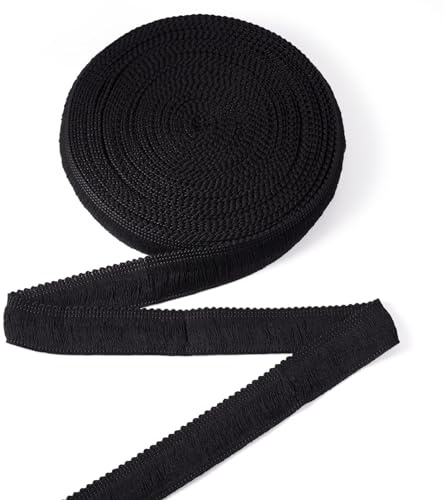 BB Beadthoven, Baumwollband mit Fransen und Quasten, 25 mm breit, 12,5 m zum Nähen von Vorhängen, Lampenschirmen, Decken, Kleidung Nähen, Kleidern, Kissen und Bekleidungszubehör, Schwarz