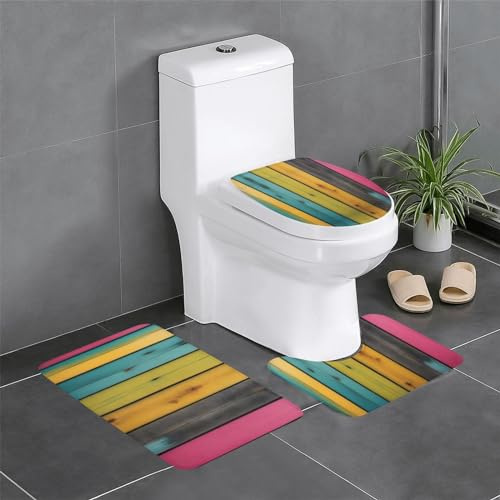 BROLEO Juego de alfombras de baño de 3 piezas con tablas de madera coloridas, 61 x 40,6 cm, fáciles de limpiar, duraderas y gruesas