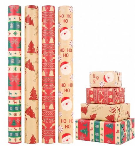Christmas Wrapping Paper Roll, 4 Roll Recyclable Kraft Wrapping roll