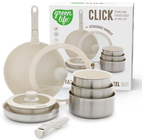 GreenLife 10 Piece Stainless Steel Pots and Pans, Detachable & Stackable Kitchen Set, Tri Ply Ceramic Nonstick PFAS Free Cookware, Space Saving with Removable Handle, Induction & Oven Safe, Glass Lid