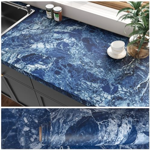 VEELIKE Klebefolie Marmoroptik Blau Modern Blaues Marmor Folie für arbeitsplatte Küche Wandfolie Möbelfolie Marmor Tapete Selbstklebend Tapeten für Küche und Esszimmer Wasserfest 40 cm x 300 cm