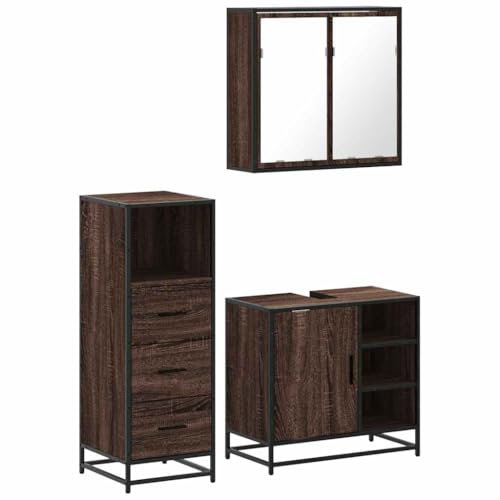 vidaXL 3-TLG. Badmöbel-Set Braun Eichen-Optik Holzwerkstoff, Badmöbelset, Badezimmerschrank, Unterschrank Bad, Badmöbel, Unterschrank Badezimmer