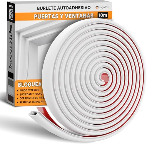 HOGARLAX 10M - Burlete Puerta Entrada, Burlete Ventana, Junta de Goma Adhesiva, Aislante Térmico Ventanas y Puertas, Aislante Acústico - Tira de Sellado Autoadhesivo para Huecos de 3 a 6 mm (Blanco)