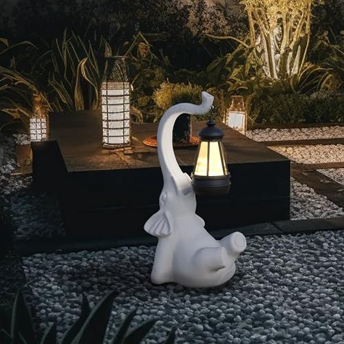 Figorona Statue d'éléphant à énergie solaire pour décoration de jardin, extérieur, 38,1 cm, étanche, convient pour la décoration de terrasse, balcon, pelouse, cour, etc. (face vers le haut D)