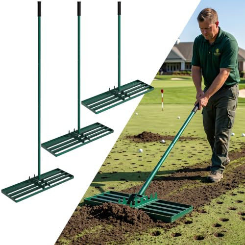 XMTECH Rasenharke Edelstahl 50x25 cm Grün, Verstellbarer Stiel für Beete | Metallrahmen, rutschfester Gummigriff, gleicht Flächen aus, für Rasensand, Erde, Mulch und Beete