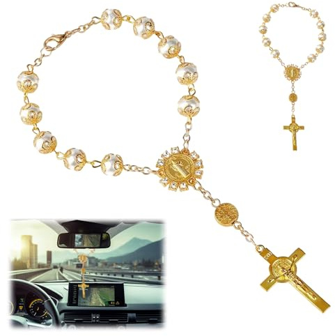 YCHYAN Rosenkranz Auto für Rückspiegel, Glücksbringer Auto Rückspiegel, mit Einem Kreuz, Gebetskette, Keine Beeinträchtigung der Sicht Beim Fahren, Ideal Als Geschenk für Freunde und Familie (Gold)