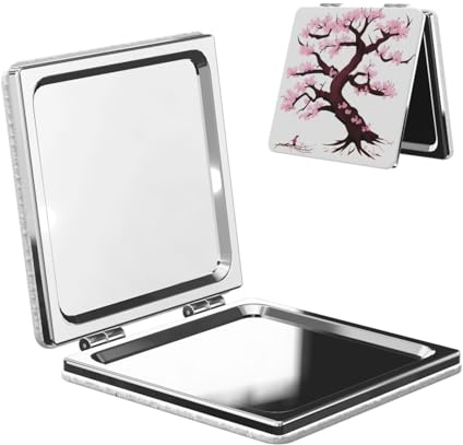 LiuMng Miroir de maquillage de poche portable avec motif de cerisier en fleurs d'arbre - Miroir de voyage carré grossissant - Miroir compact pour cils