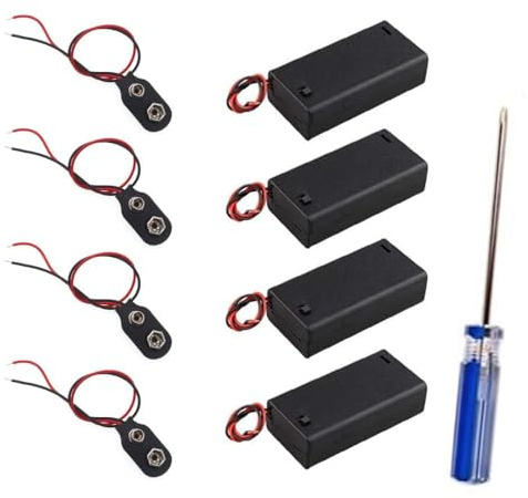 8 Pcs 9V Battery Snap Connector, T-type Cable Lead with 15cm Flying Leads, Equipped with 4 PP3 9V Enclosed Battery Holder Box with Switch and Phillips screwdriver