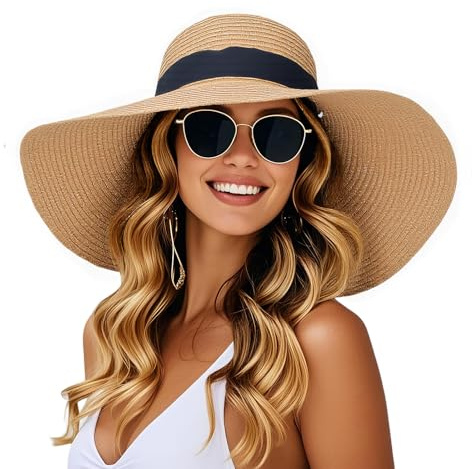 powerking Large Bordure Paille Chapeau de Soleil, Protection UV Chapeau d'été emballable Pliable Disquette Plage Chapeaux de Soleil pour Les Femmes, Café