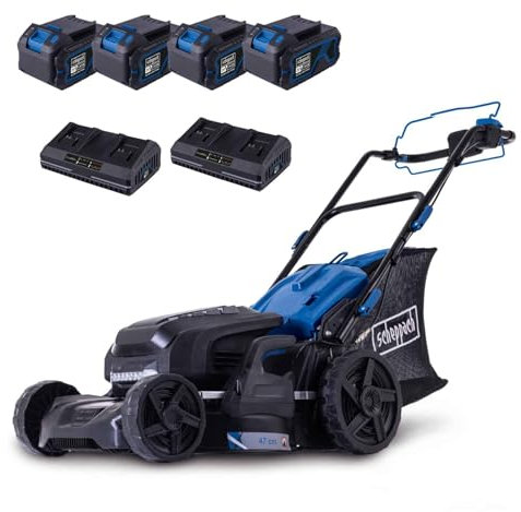 Scheppach Akku-Rasenmäher BC-MP470-X Brushless | Vario-Antrieb | Schnittbreite 47 cm | zentrale Schnitthöhenverstellung | 800 – 900 m² | 20-Volt-IXES-Serie | inkl. 4X 4Ah Akku und 2X 4,5A Ladegerät