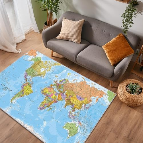 Lumirug Världspolitisk karta område matta 120 x 180 cm plysch pedagogisk dekorativ stor golvmatta för klassrum, hem, kontor mjuk halkfri geografisk matta