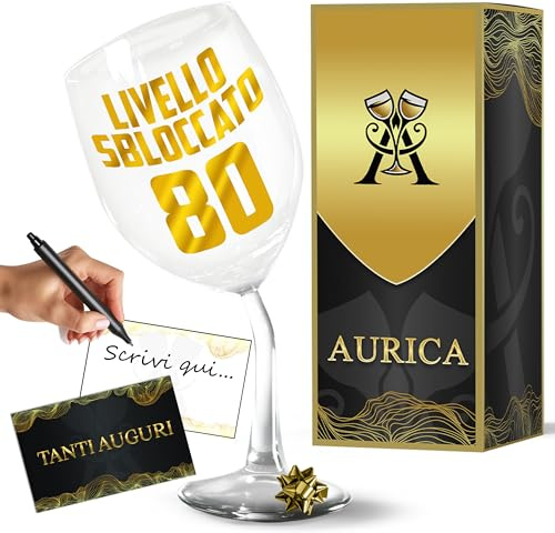 Aurìca Calice Vino Personalizzato LIVELLO SBLOCCATO 80 – Un’Idea Regalo Elegante E Ironica Per Un Traguardo Speciale! Bicchiere Piegato Originale E D'Effetto Per 80 Anni Con Confezione Regalo Inclusa