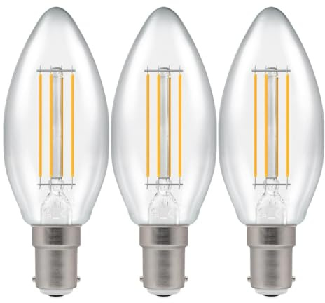 Crompton Lamps Filament Candle LED Light Bulb SBC-B15d | 6.5W = 60W Incandescent | Warm White 2700K | Energy Efficient | Small Bayonet Lightbulb | Long Life 15,000-Hrs | Clear Glass | 3-Pack