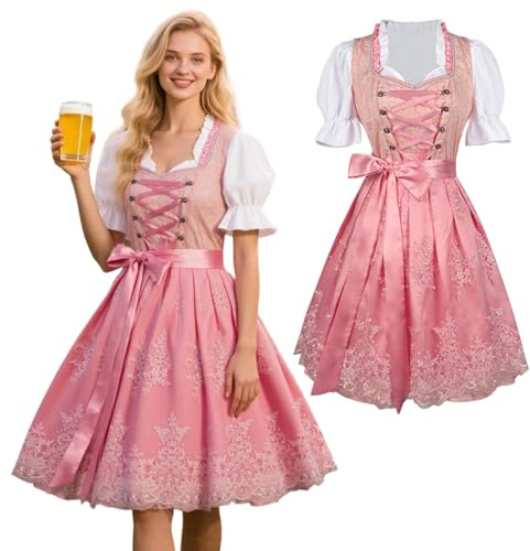Celvibe Robe traditionnelle Dirndl midi pour la fête de la bière - Robe traditionnelle pour femme - Chemisier Dirndl - Robe traditionnelle avec tablier en dentelle, Rose, XL