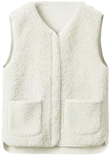 Yutdeng Chaleco Polar Mujer Invierno Otoño Chaleco sin Mangas con Bolsillos Cremallera Cuello V Forro Polar Chaqueta Felpa Cálido Termico Chalecos Exteriores para Mujer Abrigo sin Mangas,Beige,XL