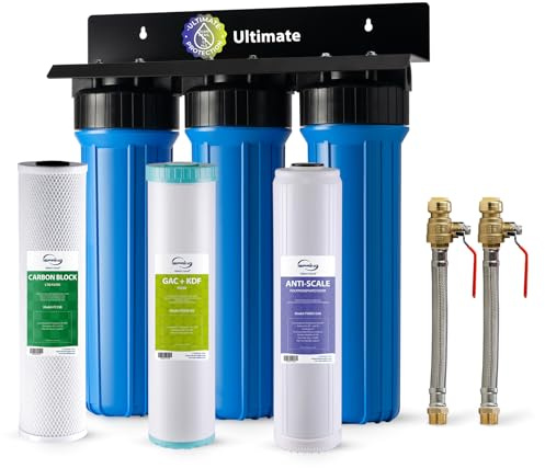 iSpring WGB32B-KDS+AHPF12MNPT16X2 Whole House Water Filtration System, Reduces Lead, Scale, Chlorine, Chloramine, 3-Stage Whole House Water Filter w/ 3/4'' Push-Fit Stainless Steel Hose Connectors