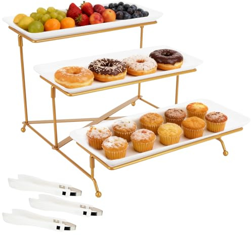 SITAKEGS 3 Tier Serving Trays White Reusable Plastic Platters Set for Party | 30x17cm Fruit Bowl Cake Stand with Food Clips, Dessert Plates Display with Glod Metal Rack for Buffets, Snack, Cookies