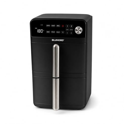 BLUNORD Friggitrice ad Aria 10 Litri con Doppio Cestello (5L+5L), 2 Griglie Incluse per 4 Pietanze, Airfryer XXL con 6 Programmi, Tecnologia Dual Zone, Display Touch, Senza Olio e Risparmio Energetico