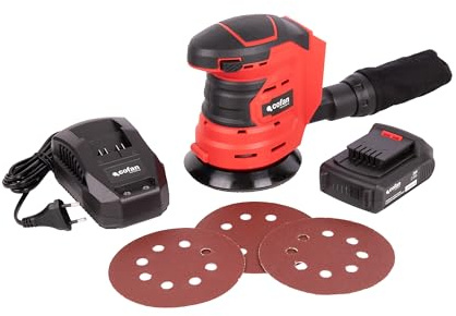 Cofan Lijadora orbital a batería | 10.000 rpm | Sistema de fijación por velcro | Con batería Li-ion 20 V 2.0 Ah y cargador 2.4 A | Incluye bolsa recogepolvo y 3 hojas de lija