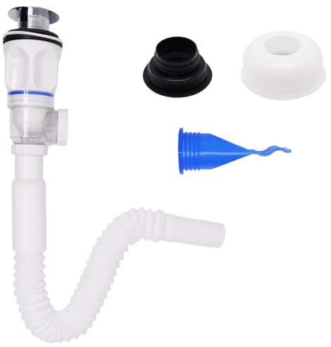 BUXIMN Bathroom Sink Drain Kit, Sink Drain Pip Kit with Strainer Basket Pop-up Stopper, Flexible P Trap for 1-1/2 & 1-1/4 Drains, for Bathroom Kitchen (White)